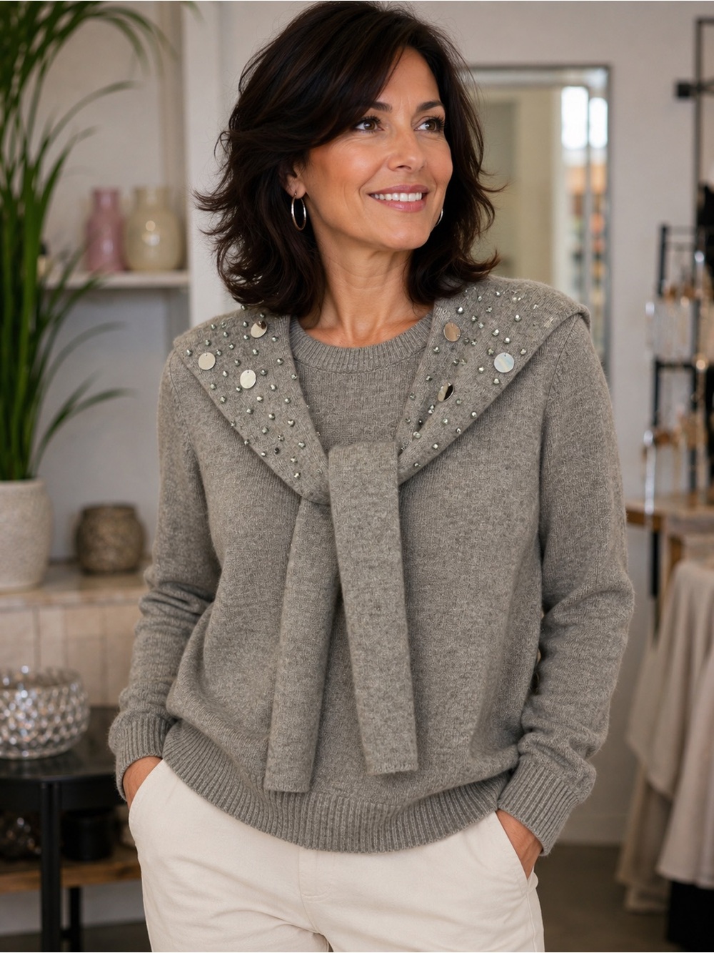 🆕❤️Embellished GreyCrewneck Sweater with Detachable Shawl - Gray